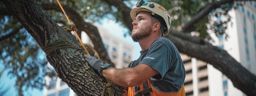 a certified arborist conducts a detailed preventative tree care assessment in a vibrant urban central florida environment, meticulously inspecting the health of a large tree amidst the backdrop of a bustling city.
