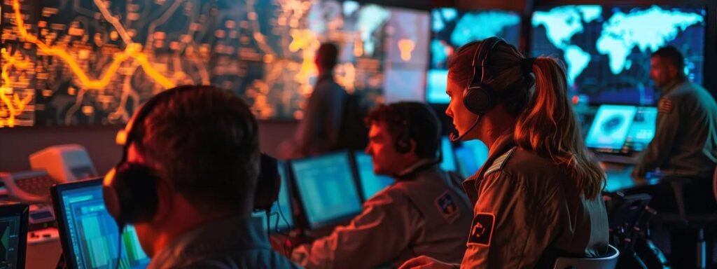 a high-contrast, dramatic scene inside a bustling command center showcases emergency planners engaged in intense strategy discussions over maps and digital screens, emphasizing the urgency of coordinating a safe and efficient evacuation during storm emergencies in a storm-prone urban area.
