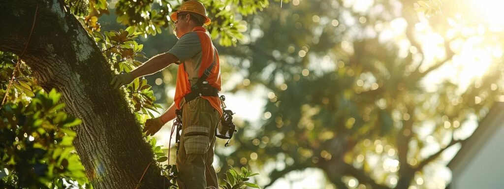 a professional arborist conducts a detailed tree health assessment in a bustling central florida urban landscape, equipped with diagnostic tools and surrounded by urban structures, highlighting the importance of expert evaluation in tree care management.