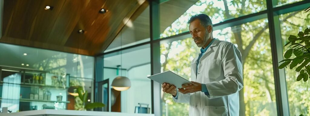 a professional arborist in a sleek, modern office examines a detailed tree health assessment report on a high-tech tablet, illuminated by soft overhead lighting that emphasizes the importance of proactive tree care for homeowners in central florida.