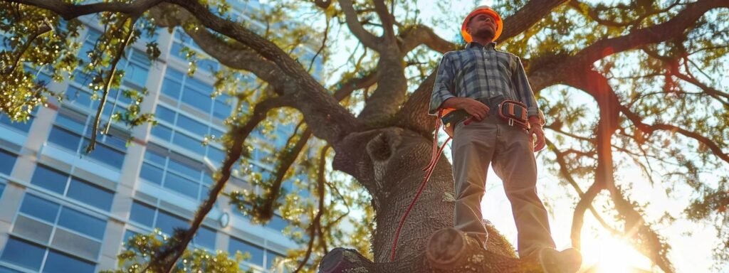 a professional arborist inspects a robust tree in an urban central florida landscape, surrounded by commercial buildings, showcasing a detailed assessment of its overall health under bright overhead office lighting.