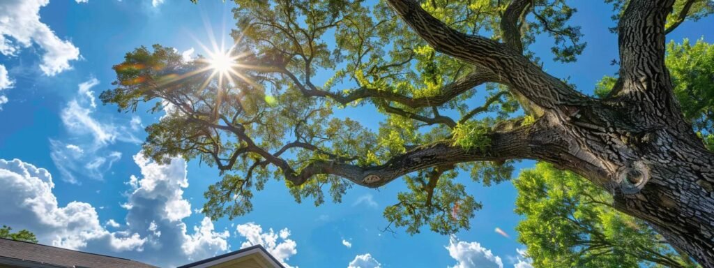 a professional tree care technician inspects a sturdy oak tree in a suburban central florida neighborhood, highlighting the importance of timely preventative assessments against a backdrop of well-maintained homes and clear blue skies.