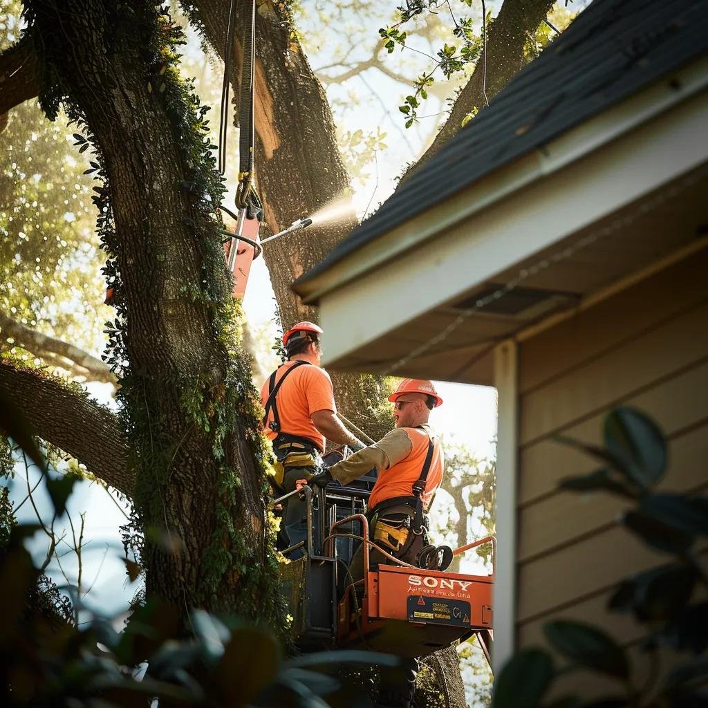a professional tree removal team operates powerful equipment in an urban new smyrna setting, expertly tackling a hazardous tree looming over a residential property, showcasing the importance of emergency tree services.
