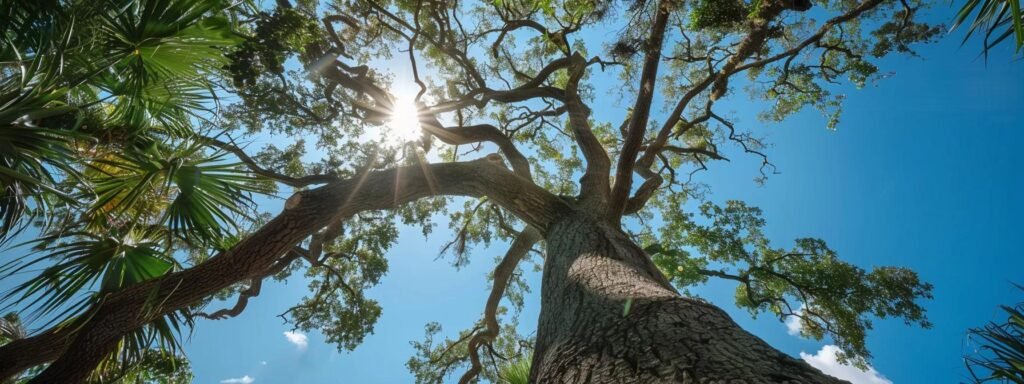 a professional tree service technician skillfully pruning a tall tree in a well-maintained urban landscape in central florida, with a clear blue sky above, emphasizing the precision and care involved in fostering optimal growth.