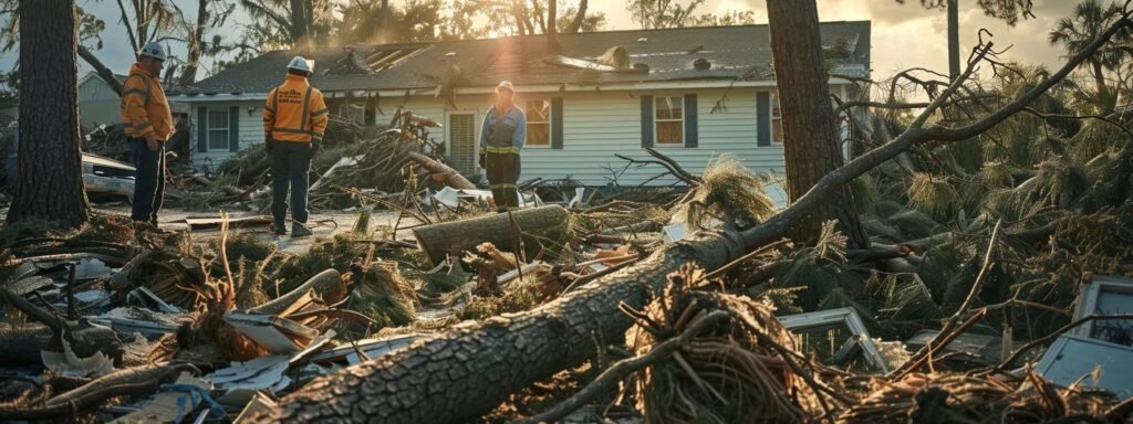 a team of professionals in safety gear meticulously examines a storm-damaged residential property in central florida, surrounded by toppled trees and debris, showcasing the critical steps of post-storm recovery and restoration.