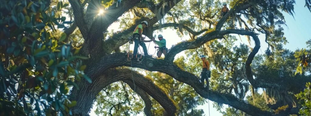 a team of tree care professionals meticulously assessing a large tree in a central florida urban environment, surrounded by tools and equipment, demonstrating a proactive approach to tree maintenance and management.