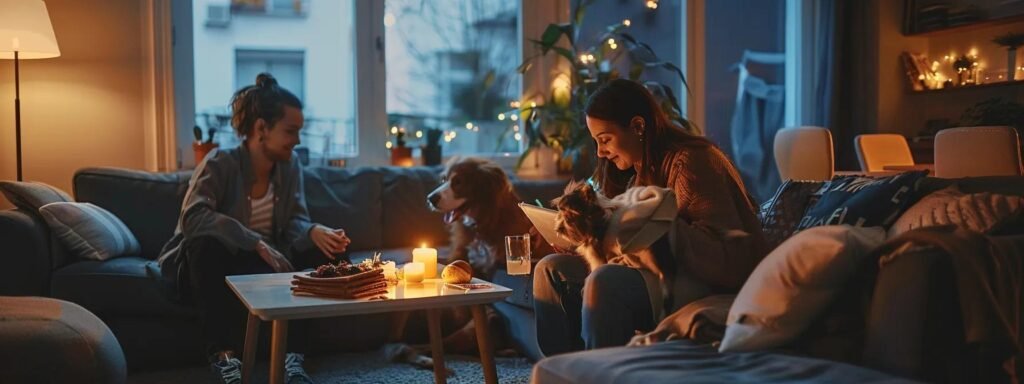 a cozy indoor scene depicts a family preparing an emergency kit for their pets, with essentials like food, water, and a cozy blanket laid out on a stylish table, illuminated by soft, warm lighting to evoke a sense of safety and care.