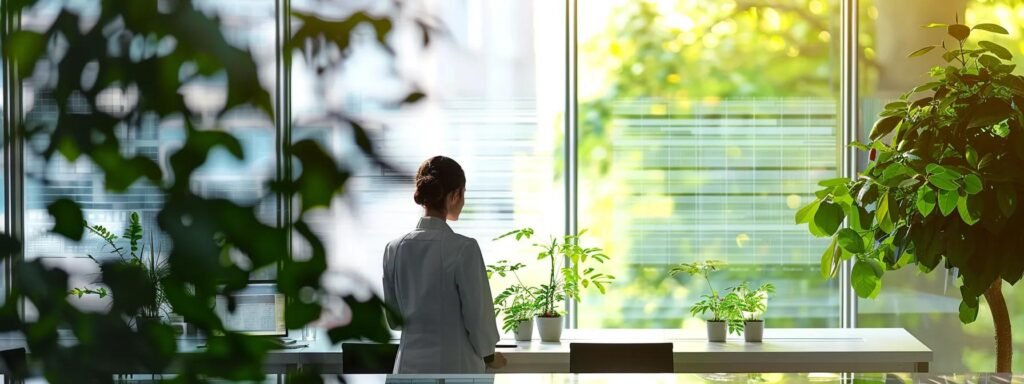 inside a modern, well-lit office space, a certified arborist conducts a thorough preventative tree care assessment using advanced diagnostic tools, with detailed charts and health reports displayed prominently on the sleek conference table.
