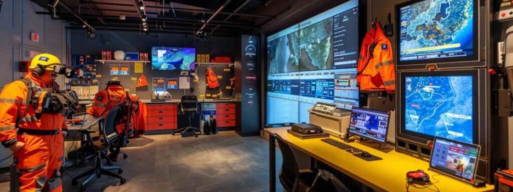 a meticulously organized emergency response office, featuring detailed flood preparation plans displayed prominently on a digital screen, surrounded by organized safety gear and equipment, emphasizing proactive strategies for minimizing flood damage in a dynamic urban environment.