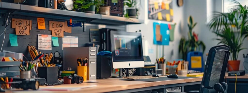 a meticulously organized office space features a vibrant storm preparation checklist prominently displayed on a sleek desk, surrounded by essential safety tools and equipment, illustrating the proactive approach of a tree service team in central florida.