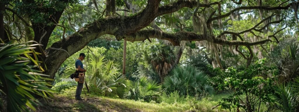 a professional isa-certified arborist, equipped with advanced diagnostic tools and evaluating trees in an urban central florida setting, emphasizes the critical role of expertise in preventative tree care assessments.