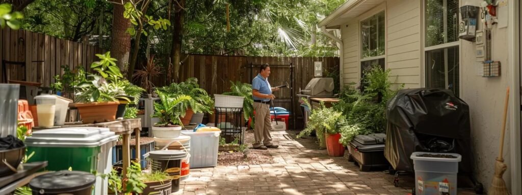 a vigilant homeowner inspects their fortified property in a well-organized central florida backyard, surrounded by securely stored hurricane supplies and resilient outdoor fixtures, readying for the impending hurricane.