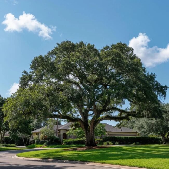 Large oak tree with sprawling branches in a residential front yard, highlighting tree maintenance considerations for homeowners in Orlando.