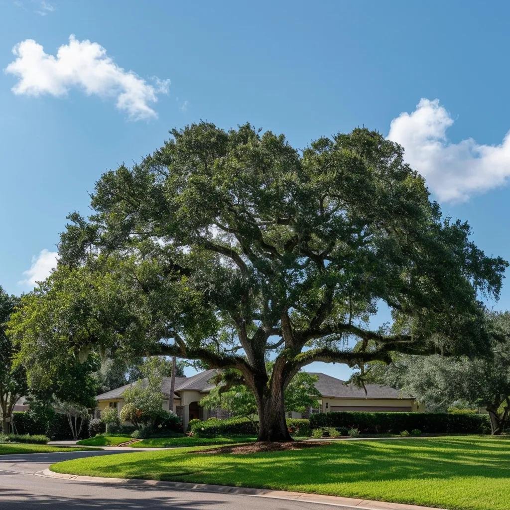 Mature oak tree in a residential area, highlighting the importance of tree preservation and permit requirements