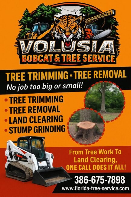 Volusia Bobcat & Tree Service advertisement featuring tree trimming, tree removal, land clearing, and stump grinding services, with a graphic of a bobcat machine and a tree stump, emphasizing 24/7 emergency services and contact number 386-675-7898.
