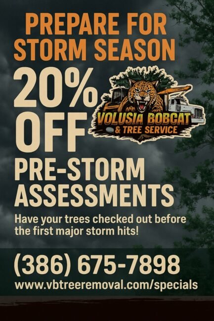 Promotional graphic for Volusia Bobcat & Tree Service offering 20% off pre-storm assessments, featuring logo, contact information, and storm preparation message.