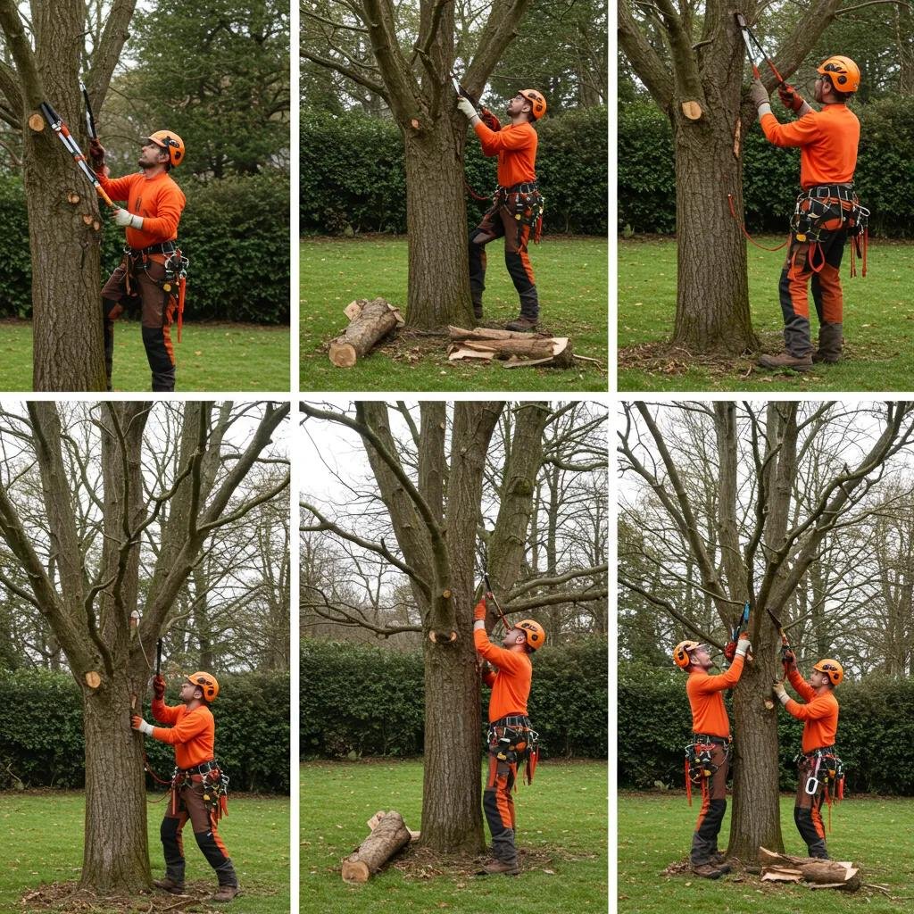 Arborists demonstrating crown thinning, crown reduction, and deadwooding techniques for tree care