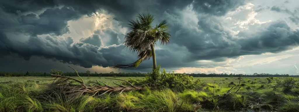 a dramatic scene depicting a florida landscape with a large, swaying palm tree exhibiting signs of instability after a fierce storm, showcasing the urgent need for swift tree trimming amidst dark, ominous clouds and scattered debris.
