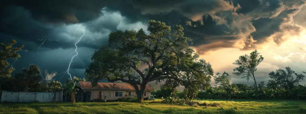 a dramatic scene of a florida landscape post-storm, showcasing a professional tree service team expertly trimming a large, wind-battered tree that looms over a home, with dark storm clouds parting to reveal a ray of sunlight illuminating the area, symbolizing safety and recovery.