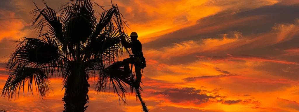 a skilled arborist expertly trimming a towering palm tree against a vibrant florida sunset, showcasing the urgency and professionalism of emergency tree trimming services.