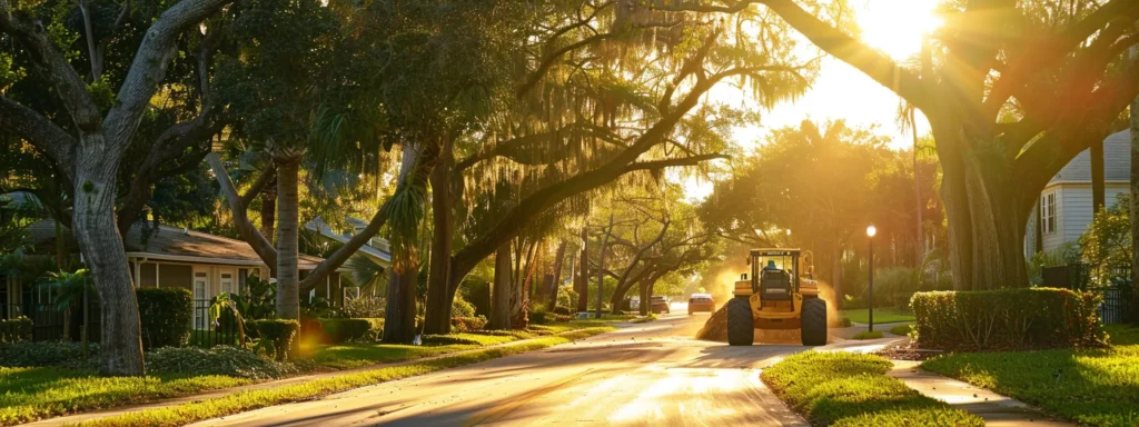 a vibrant urban scene showcasing a professional tree service in florida expertly trimming lush, healthy trees, enhancing neighborhood safety and ecological balance under bright, golden sunlight.