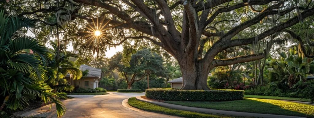 a professional tree service crew meticulously trimming a large, well-maintained tree in a bustling urban neighborhood of central florida, showcasing their expertise and adherence to best practices in tree care.