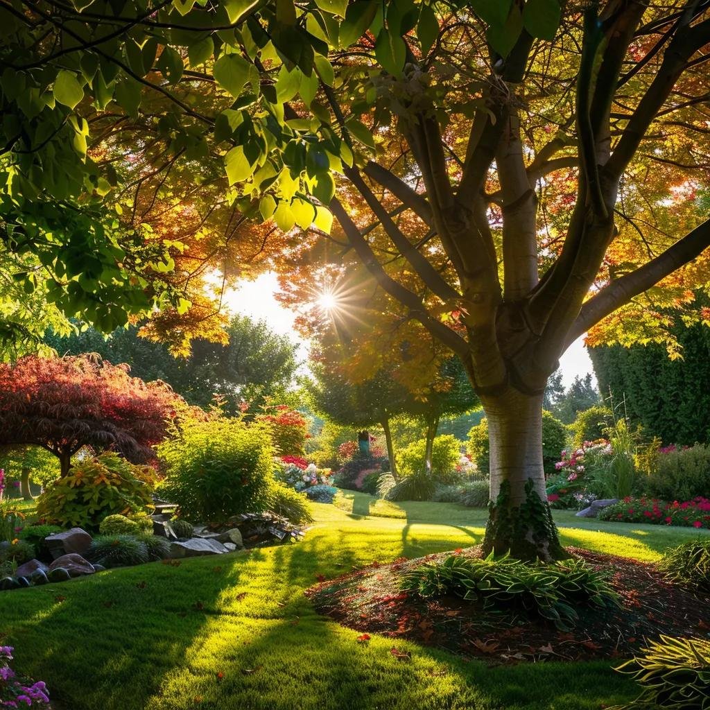 Healthy tree with a well-maintained canopy in a landscaped yard, showcasing the benefits of tree trimming