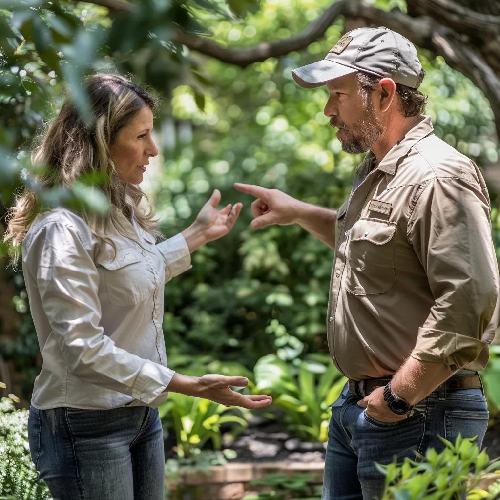 Homeowner consulting with a certified arborist about tree trimming services, emphasizing professional guidance