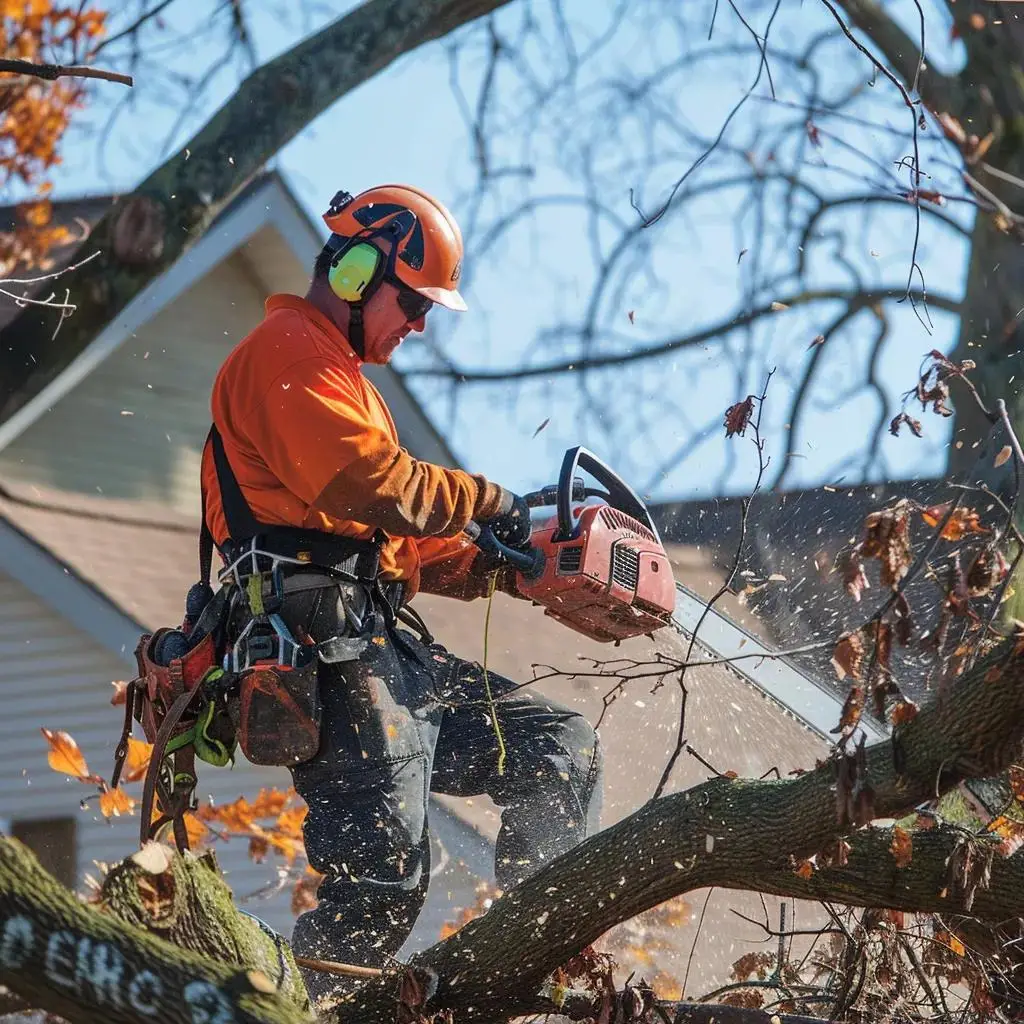 Certified arborist removing a hazardous tree branch near a home, showcasing emergency tree removal services