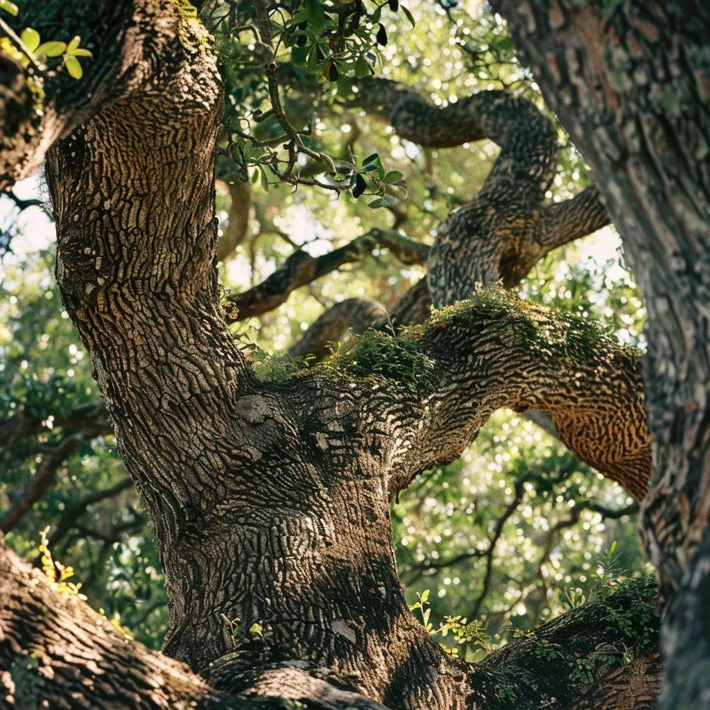 Close-up of a mature Live Oak tree showcasing its broad canopy and textured bark