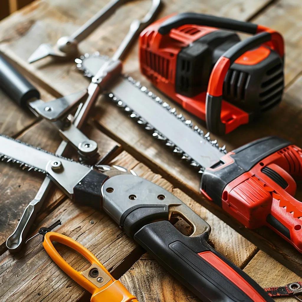 Close-up of tree trimming tools emphasizing safety and maintenance