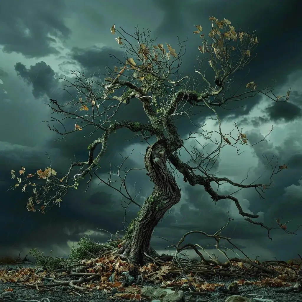 Storm-damaged tree with cracks and broken branches, illustrating the impact of storms on tree safety