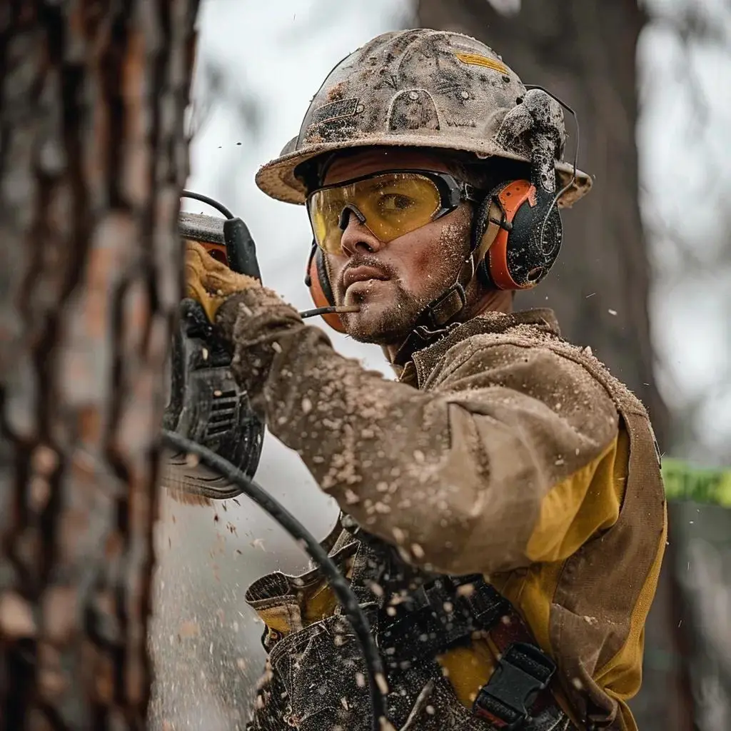 Certified arborist in PPE operating a chainsaw, demonstrating safety protocols in emergency tree removal