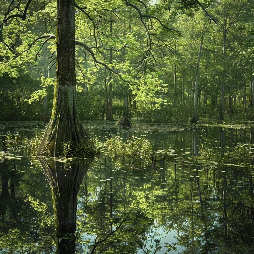 Bald Cypress tree in a wetland setting, highlighting its unique 'knees' and lush foliage