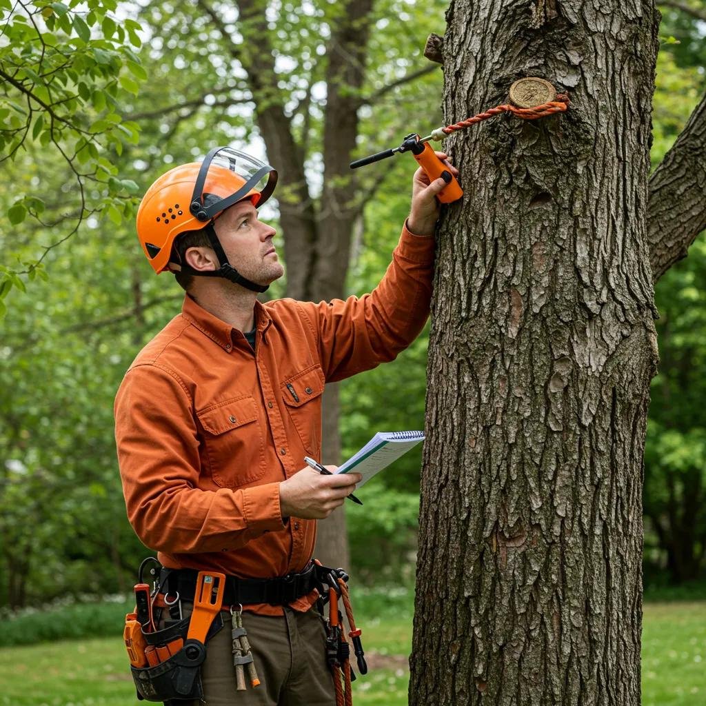 Arborist inspecting a tree with a checklist, illustrating key components of tree health assessments