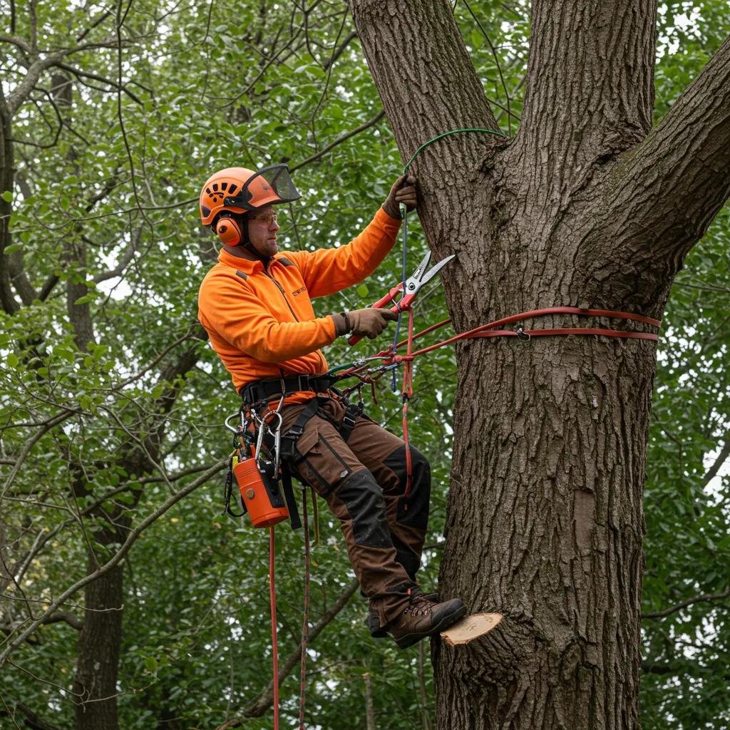 Arborist performing storm preparedness care on a tree, emphasizing safety and property protection