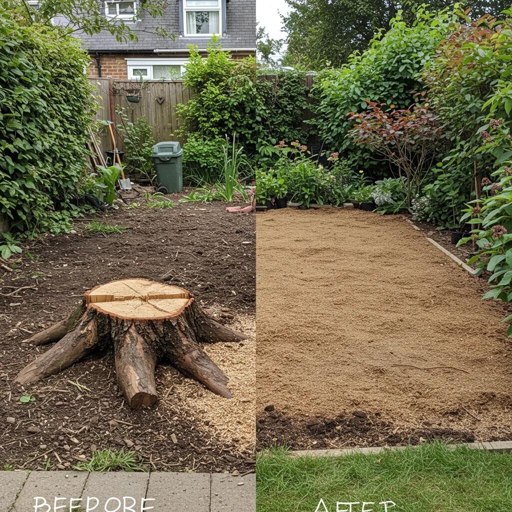 Before-and-after comparison of a garden area after stump grinding, highlighting aesthetic benefits