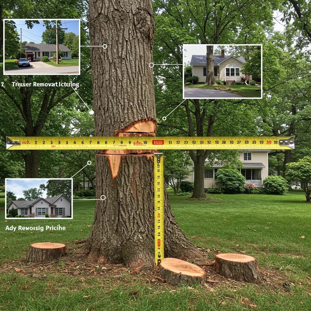 Close-up of tree trunk diameter with measuring tape and nearby structures illustrating factors affecting tree removal pricing