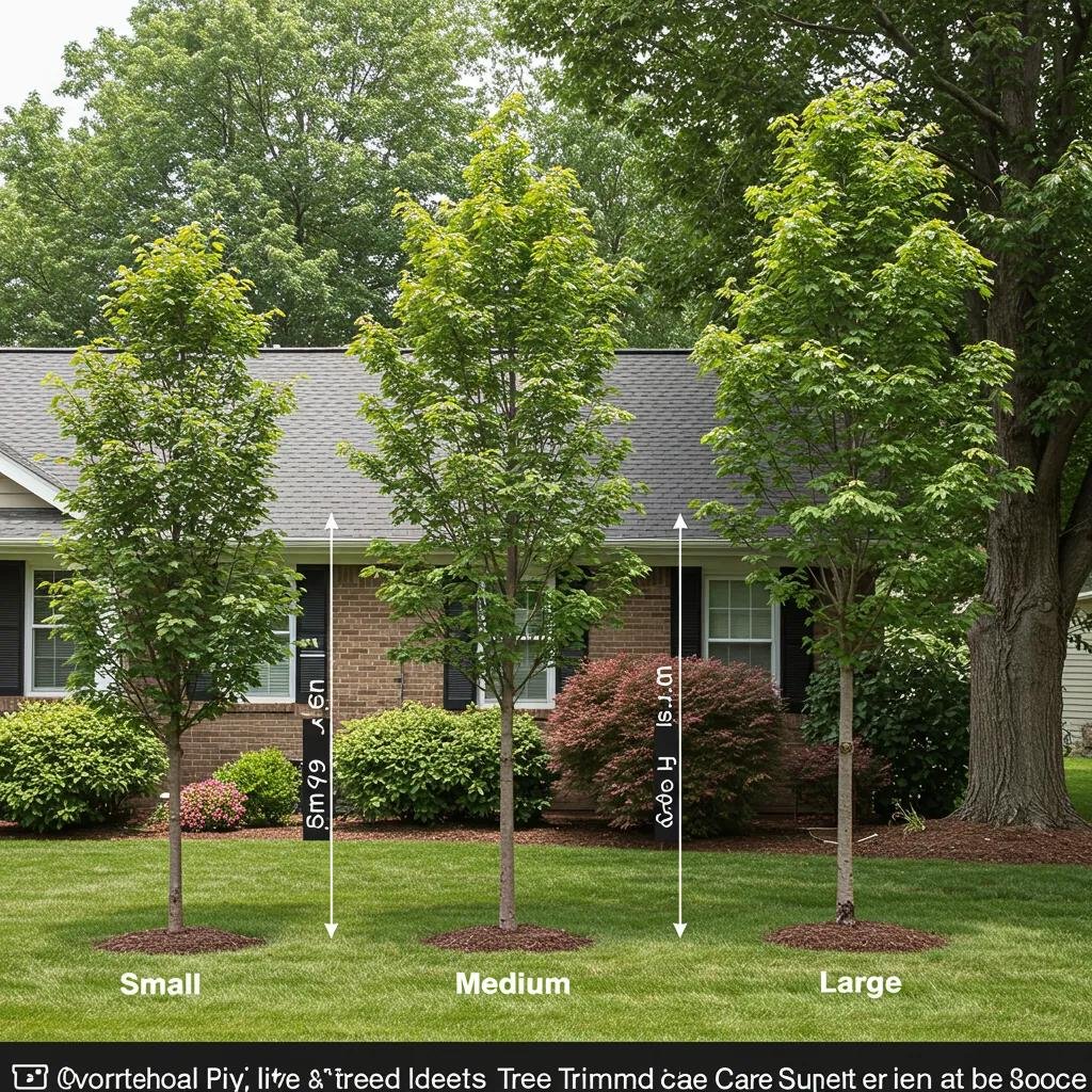Comparison of small, medium, and large trees in a residential yard, illustrating tree size categories