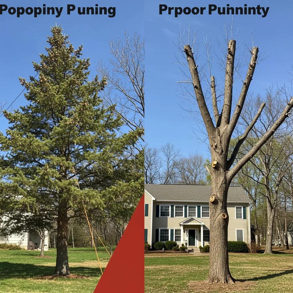 Contrasting images of improper tree topping and proper pruning techniques, illustrating common pruning myths