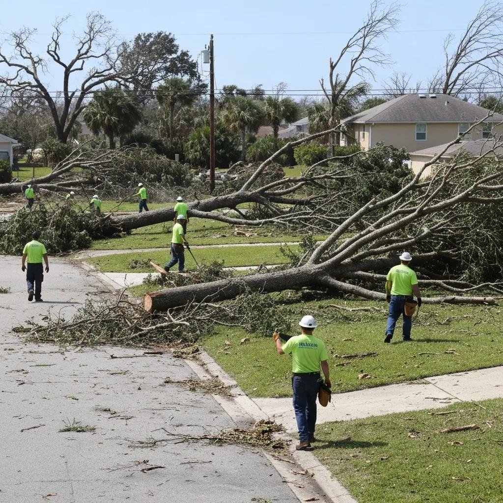 Crew clearing hurricane debris from a Florida neighborhood, showcasing teamwork and recovery efforts