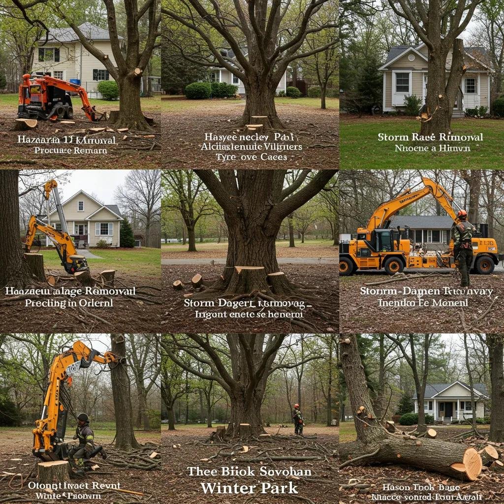 Different types of tree removal services in Winter Park, including hazardous and storm-damage scenarios
