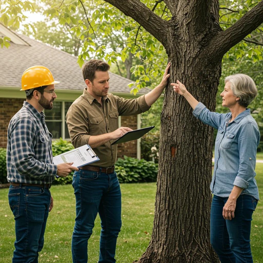 Homeowner discussing tree care options with an arborist, emphasizing the importance of providing detailed information for quotes