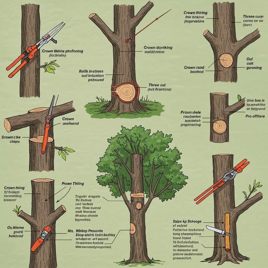 Illustration of essential tree pruning techniques, including crown thinning and the three-cut method