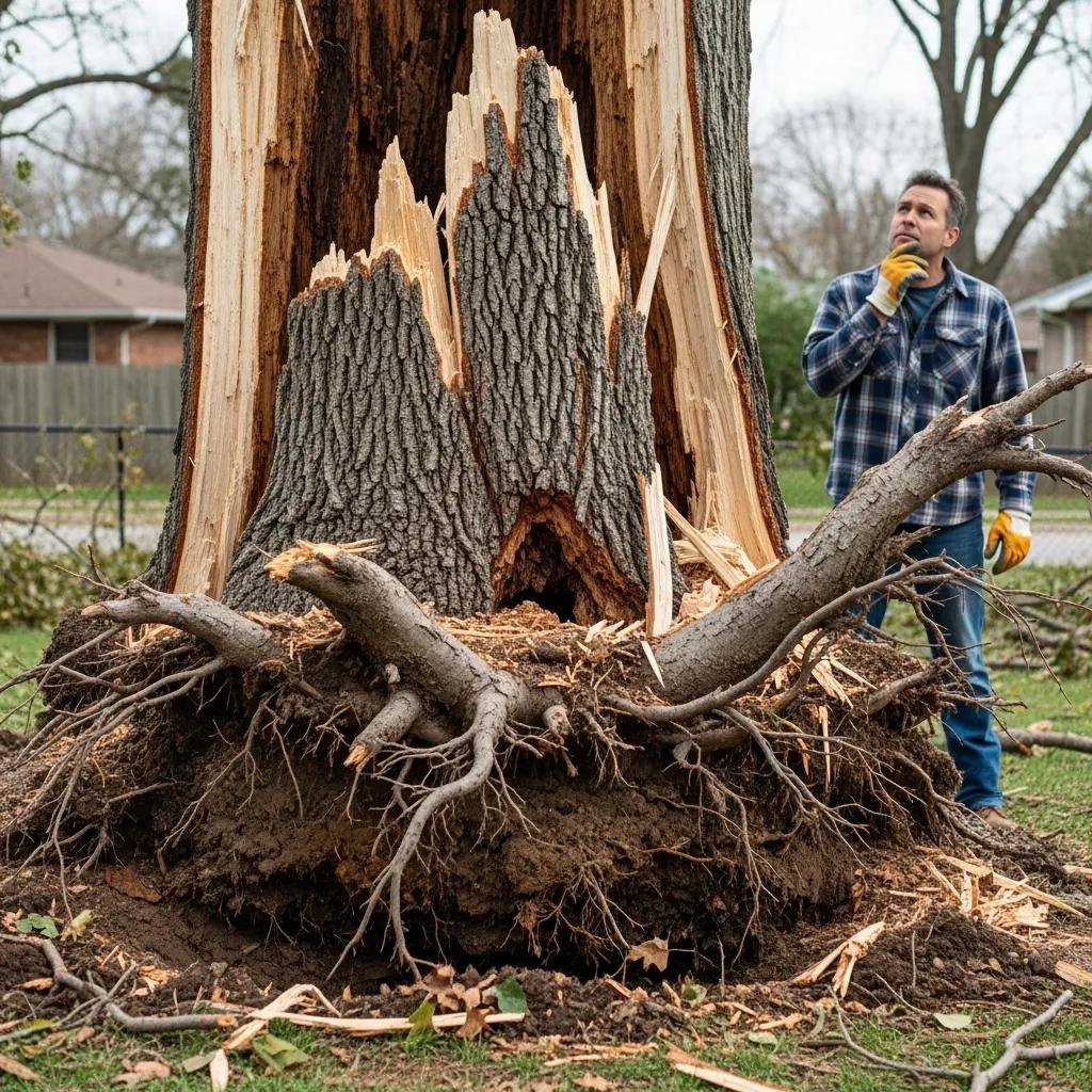 Close-up of a damaged tree with cracks and uprooted roots, highlighting the need for hazard assessment