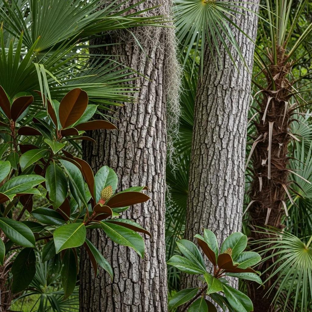 Close-up of protected tree species in Volusia County, including Live Oak, Southern Magnolia, and Cabbage Palm