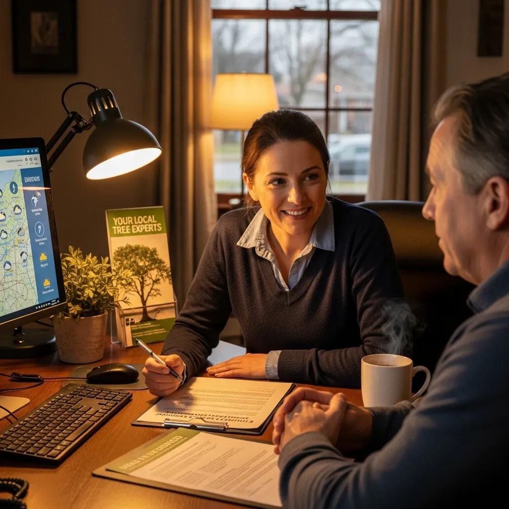 Customer service representative assisting a client with emergency tree care, emphasizing communication and support