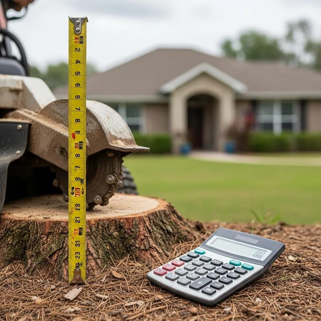 Factors influencing stump grinding costs with a stump grinder, measuring tape, and calculator in a residential setting