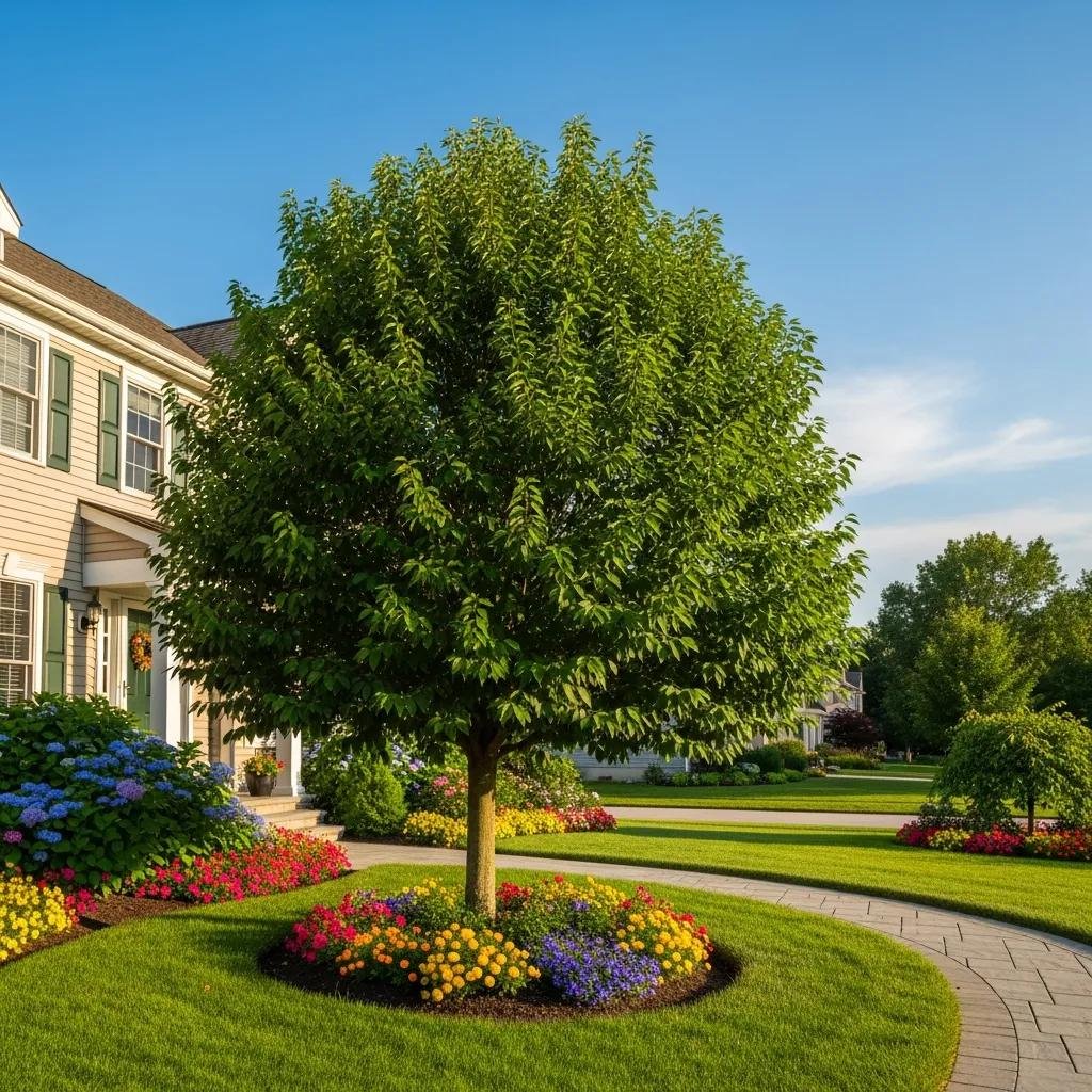 Healthy, well-trimmed tree in a residential yard, illustrating the aesthetic benefits of tree maintenance