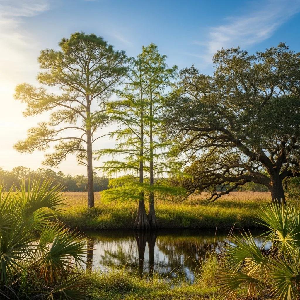 Serene view of protected tree species in Flagler County, featuring Pine, Cypress, and Oak trees